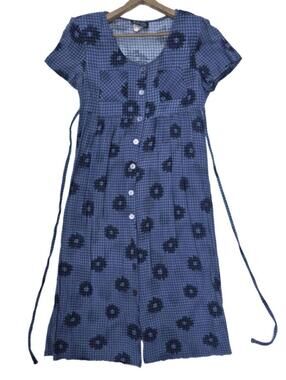 VTG All That Jazz Blue Gingham Floral Rayon Midi Dress l Shoulder Pads Ties  sm
